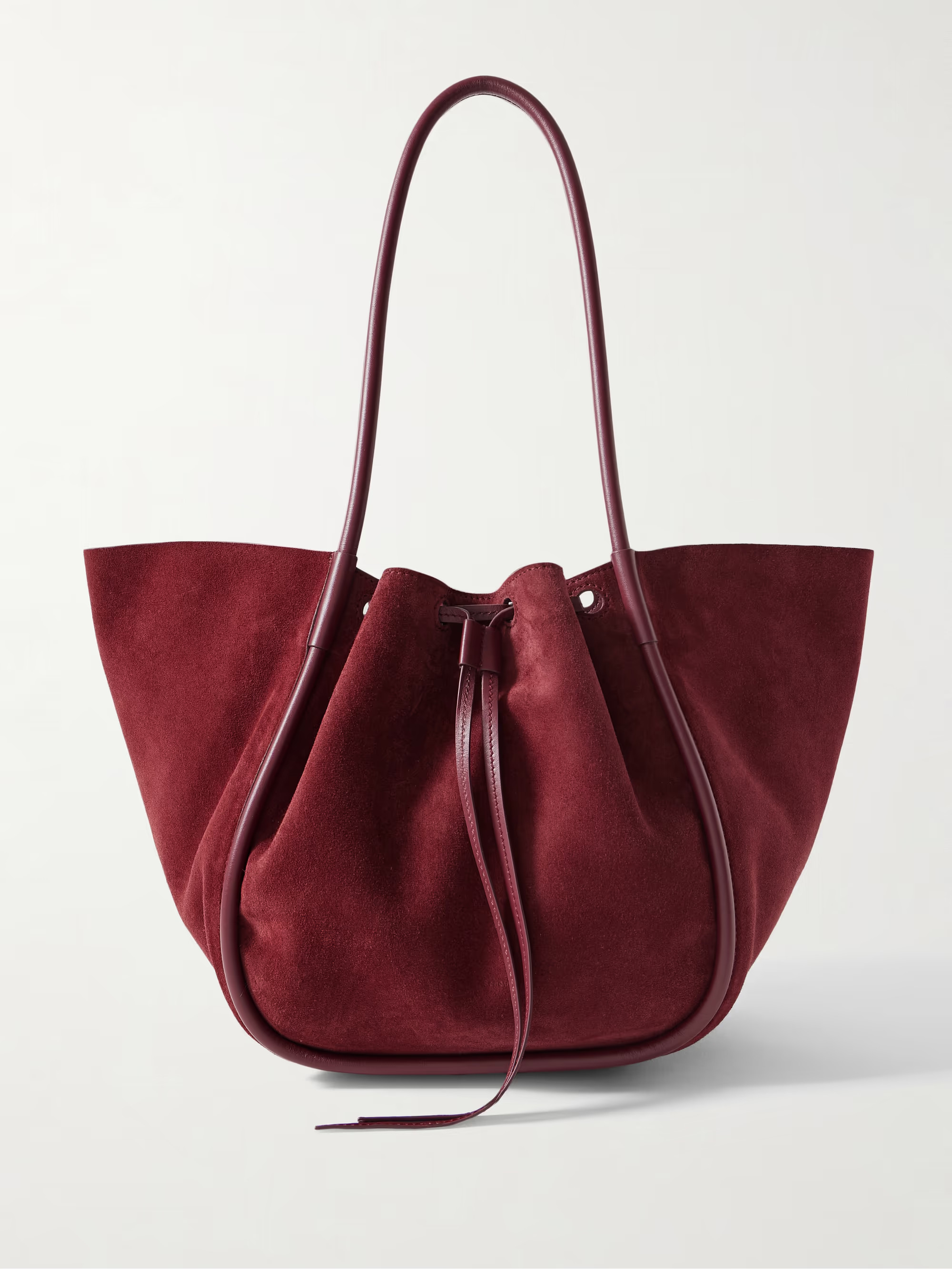 Large leather-trimmed ruched suede tote | NET-A-PORTER (US)