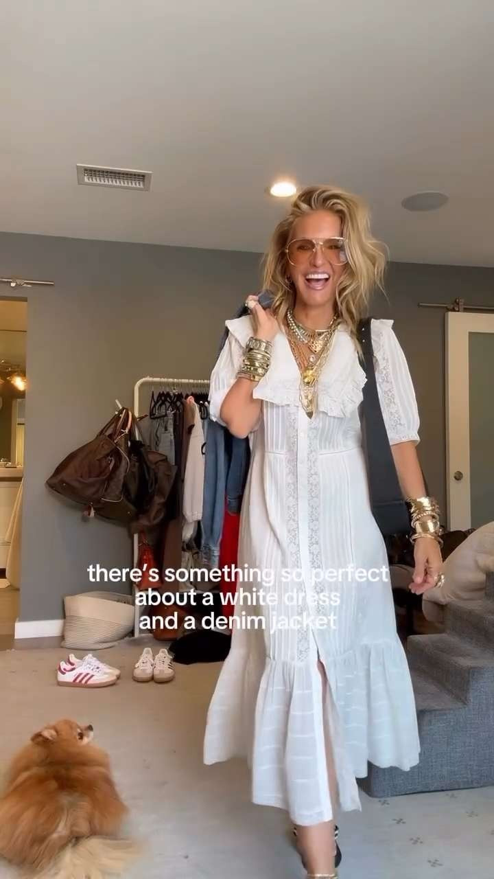 A white dress + a denim jacket = the perfect little combination! 

 #LTKStyleTip #LTKShoeCrush #LTKItBag