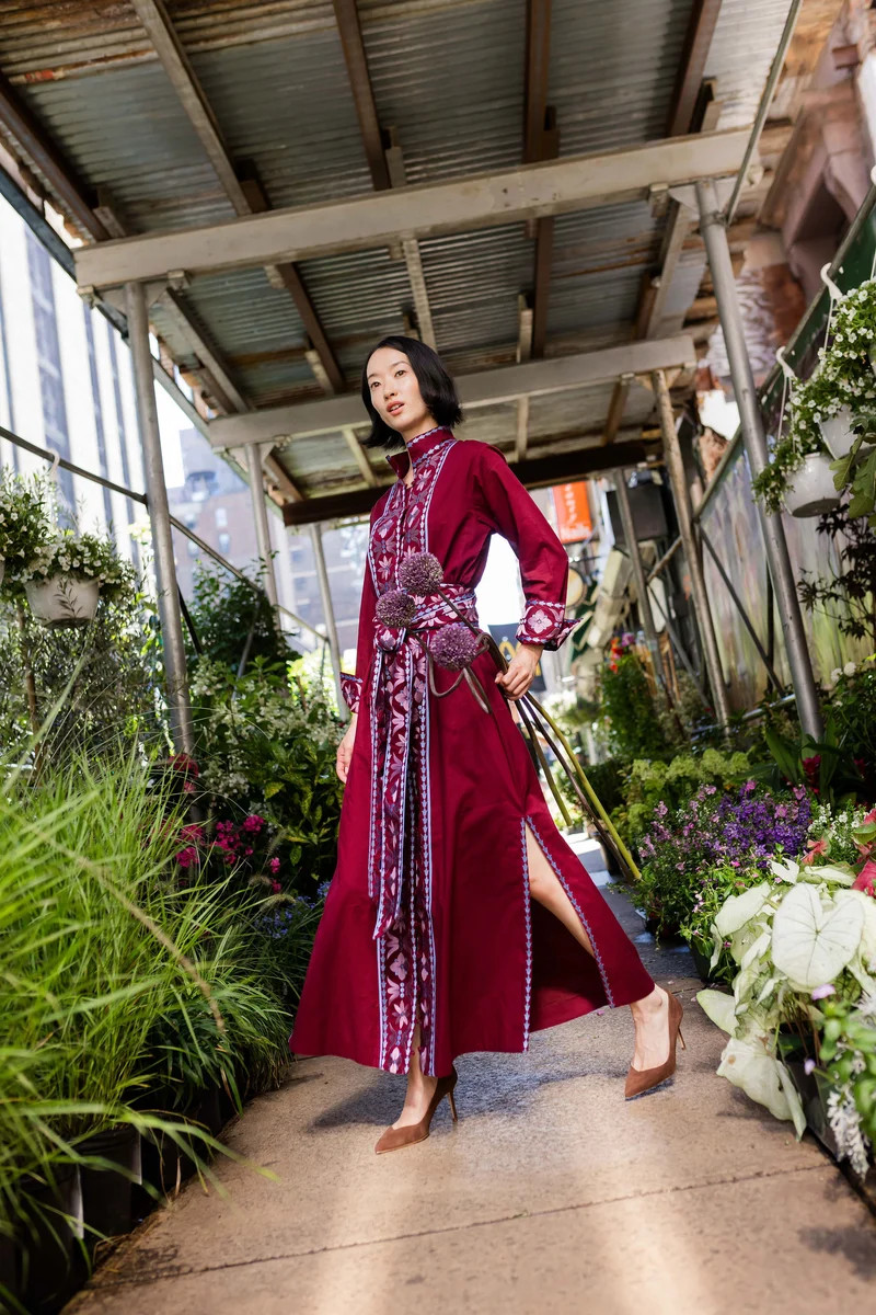 Marrakech Kaftan | Burgundy/Foxglove Embroidery | SUE SARTOR