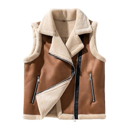 HGKPFGTF Women's Fur Suede Vest Warm Sherpa Lined Sleeveless Zipper Up Vest Yk2 Lambwool Jacket with Pockets,Brown,XXL | Amazon (US)