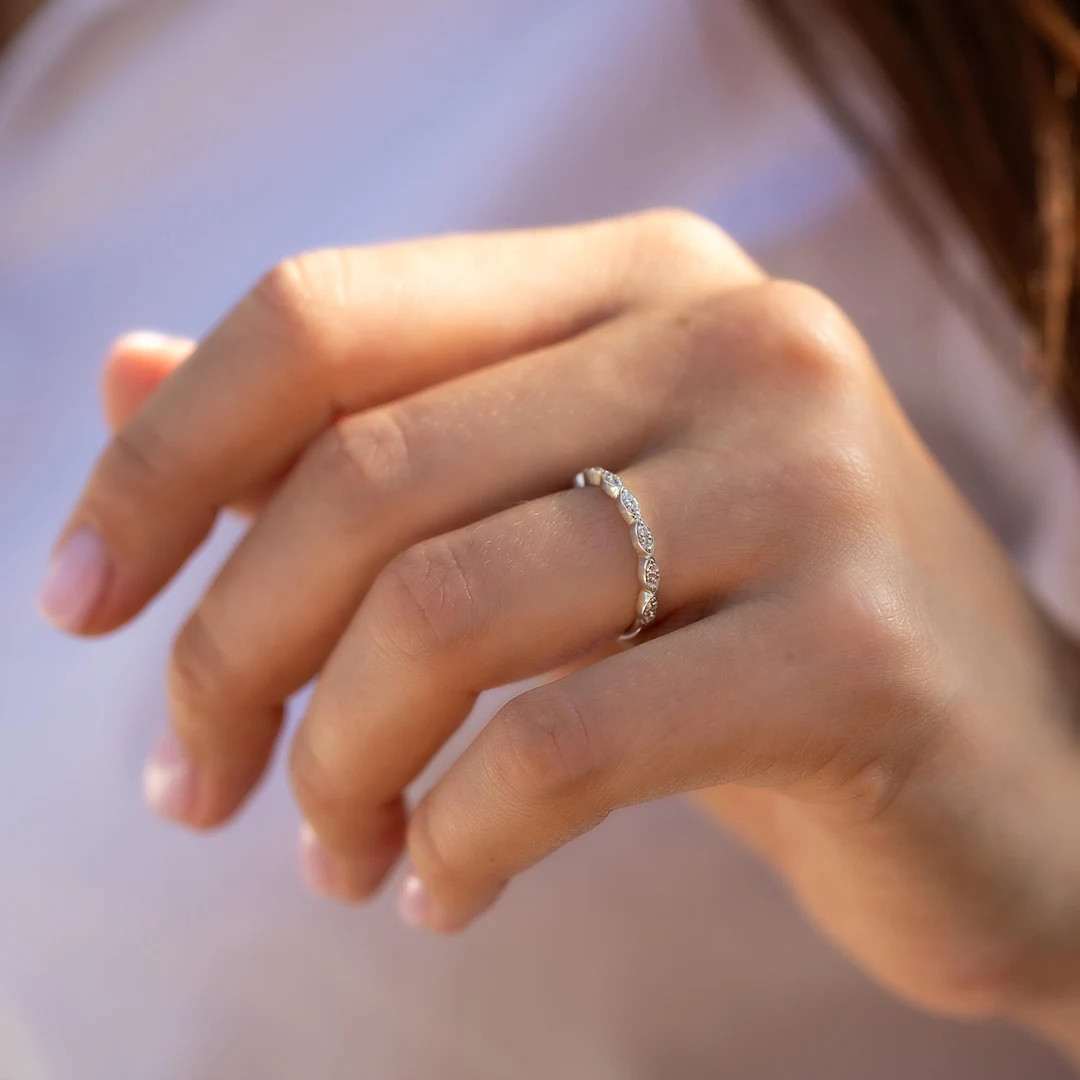 Unique Sterling Silver Marquise Milgrain Ring With Cubic Zirconia, Dainty Vintage Inspired Stacki... | Etsy (US)