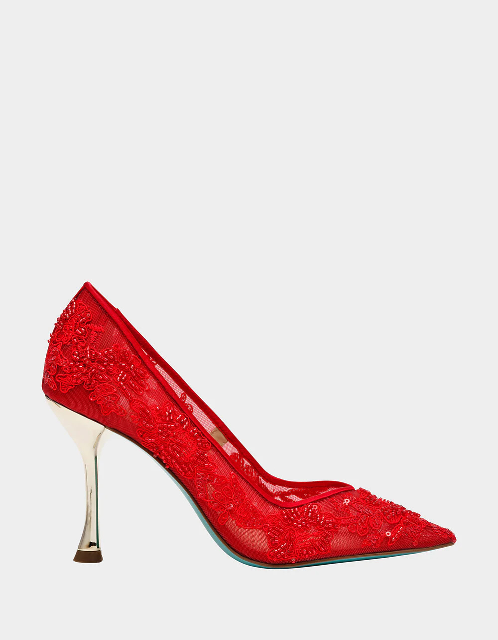 JENII RED Pointed-Toe Mesh Embellished Floral Print Pump Women's Heel | Betsey Johnson