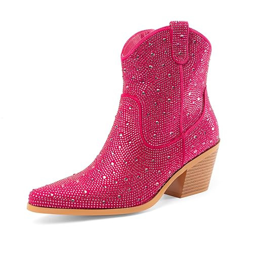 Oh Mispares Women's Sparkly Glitter Pink Rhinestone Cowboy Ankle Boots Western Pointed Toe Low Block Heel Cowgirl Booties with Zipper(pink,9.5) | Amazon (US)