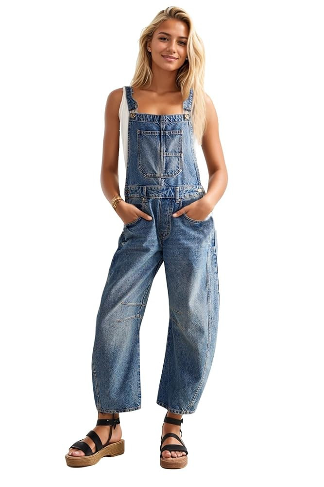 Ladyful Women's Denim Overall Casual Straight Wide Leg Bib Jeans Overall Adjustable Straps Denim ... | Amazon (US)