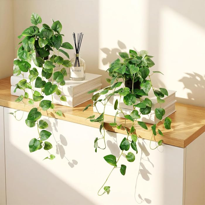 Fake Pothos Hanging Plant - Set of 2 Artificial Plants Indoor with Pots, Silk Faux Greenery Ivy f... | Amazon (US)