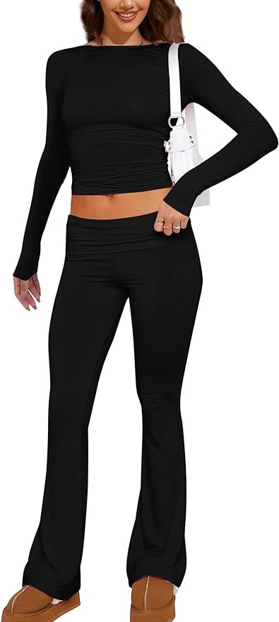 MISSACTIVER Women's Two Piece Outfit Basic Long Sleeve Crop Top and Low Rise Flare Pants Set Loun... | Amazon (US)