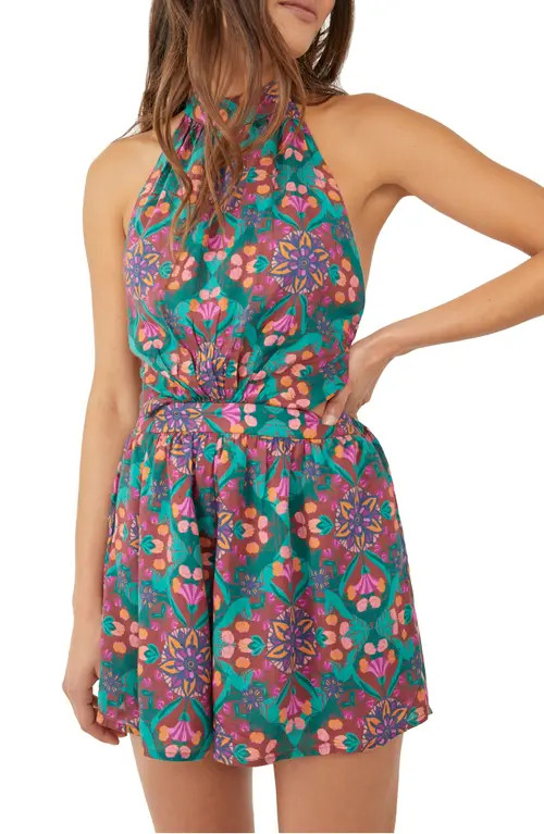 Free People Coral Tides Print Halter Romper in Wine Combo at Nordstrom, Size X-Small | Nordstrom