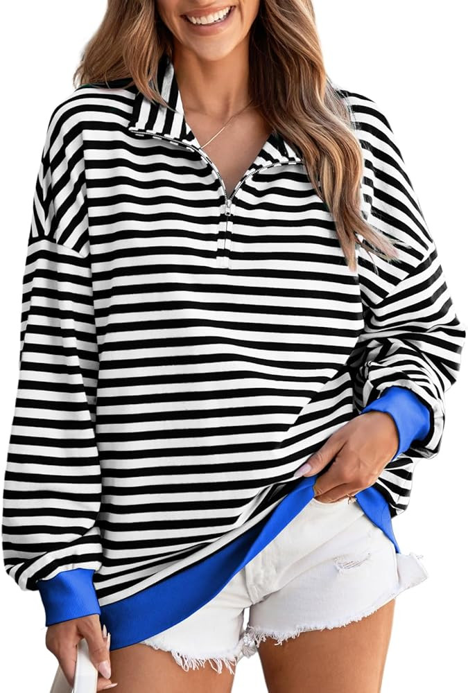 EVALESS Oversized Sweatshirt for Women 2024 Fall Outfits Fashion Long Sleeve Shirts Striped Quart... | Amazon (US)