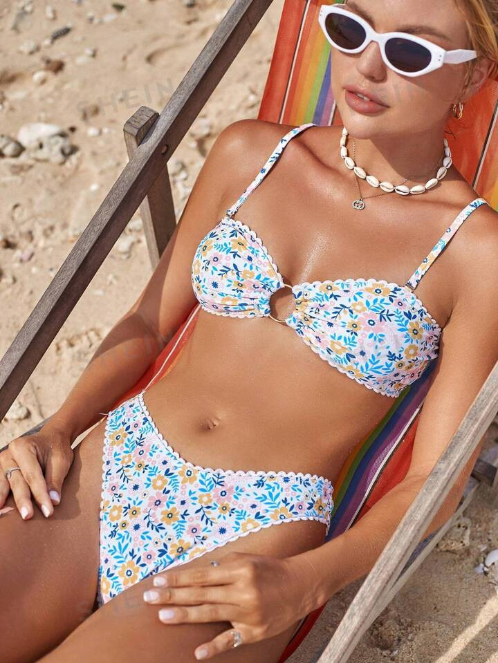 SHEIN Swim Women Summer Beach Ditsy Floral Print Bikini Set For Vacation | SHEIN