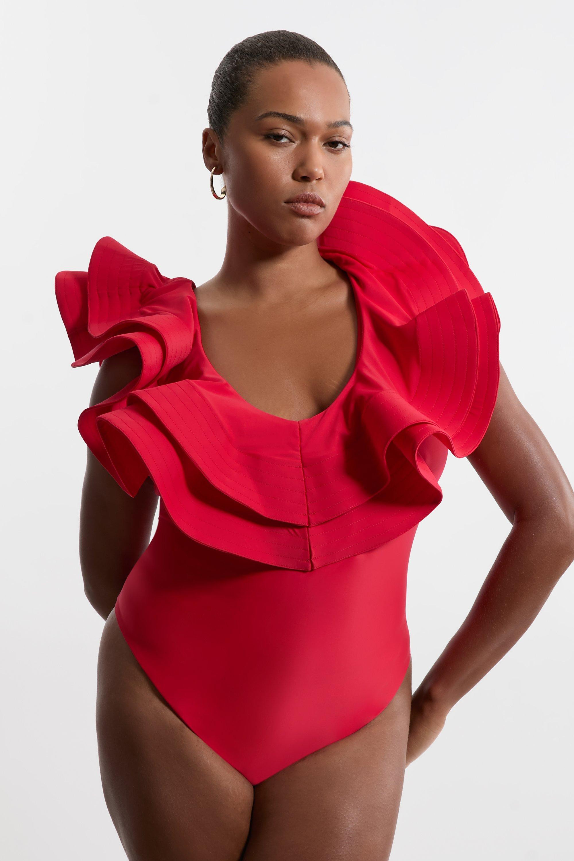 Plus Size Drama Frill Swimsuit | Karen Millen US