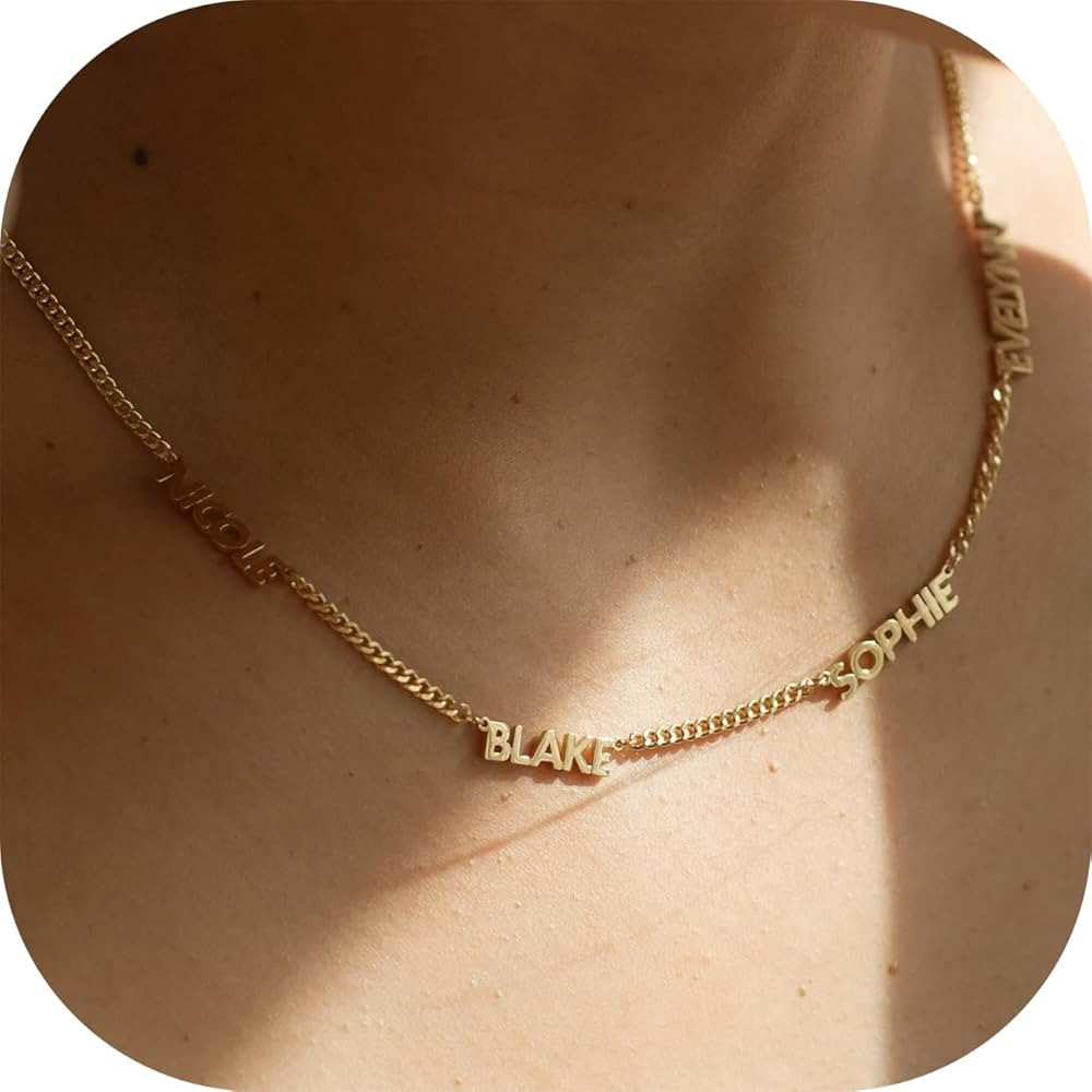 Personalized Name Necklace with Curb Chain, 18K Gold Plated Handmade Custom Family Choker Customi... | Amazon (US)