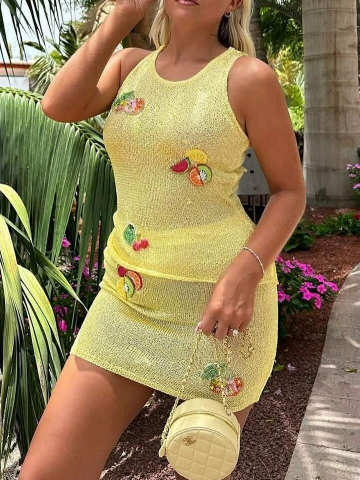 Women's Y2k Knitted Mini Tank Dress Sleeveless Round Neck Fruit Patchwork Bodycon Dress Crochet H... | SHEIN