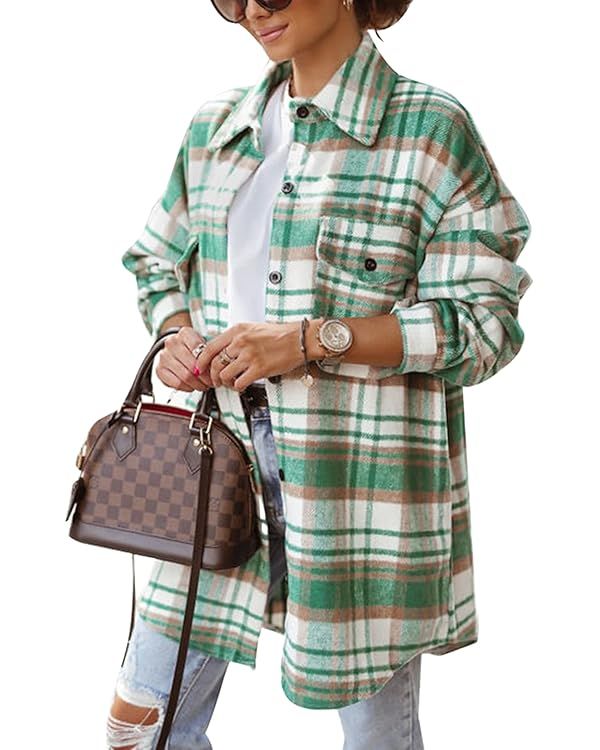 KIRUNDO Women's Flannel Plaid Shirts Jacket Shacket Coats Casual Boyfriend Button Down Shirts Lon... | Amazon (US)