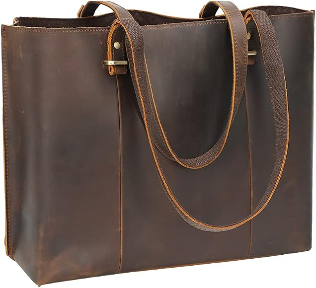 TIDING Vintage Full Grain Leather Tote Shoulder Bag for Women Business Work Satchel Handbag with ... | Amazon (US)