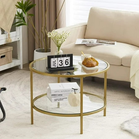 SunnyEQ Glass Coffee Table 25.6 Round Champagne Gold Coffee Tables for Living Room 2-Tier Glass Top  | Walmart (US)