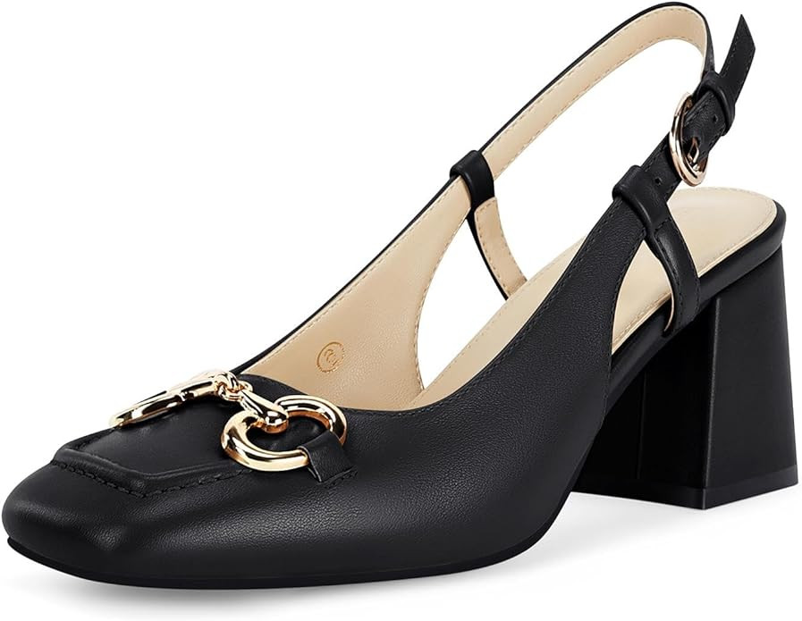 Womens Slingback Block Heels Closed Square Toe Dress Work Shoes Slip on Buckle Strap Business Pum... | Amazon (US)