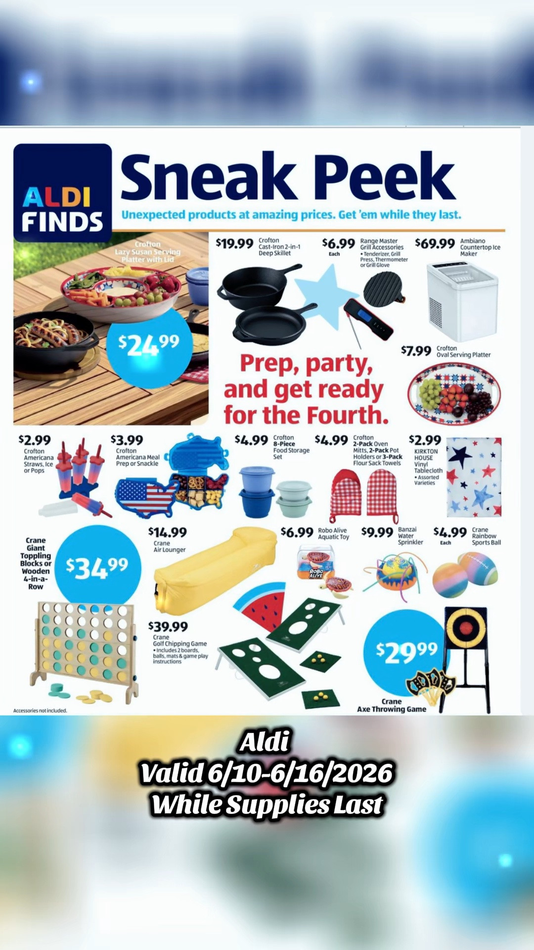 Aldi Sneak Peek • Valid June 10-16, 2026 • While Supplies Last 

Aldi has you covered for the 4th of July from serving platters to tablecloths to games! Summer travel bring it on with these travel essentials and apparel.

#LTKSaleAlert