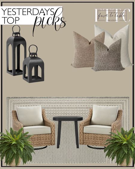 Yesterday’s Top Picks. Follow @farmtotablecreations on Instagram for more inspiration.

Better Homes & Gardens Woven Border 7’ x 10’ Outdoor Rug. Hackner Home Serene Pillow Cover Set. Casaluna Chunky Knit Bed Blanket. Woodland Carved Wood Accent Table - Black - Threshold. Better Homes & Gardens River Oaks Outdoor Swivel Gliders with Patio Covers, Set of 2, Natural.  22” Boston Fern Artificial Plant in Sandstone Planter. Cast Aluminum Outdoor Lantern Candle Holder Black - Threshold.  Patio Inspiration  

#LTKfindsunder50 #LTKhome #LTKsalealert