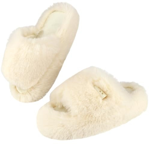 Pseflar Women's Fuzzy Plush Slippers | Comfy Memory Foam Indoor Slides | Beige | Amazon (US)