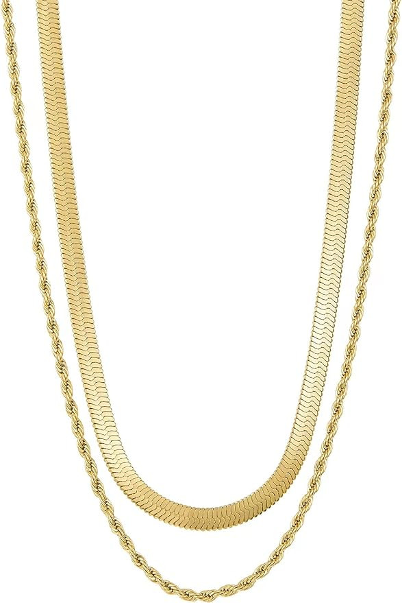 YADUDA Layered Chain Necklace Rope Chain Herringbone Necklace Ball Station 14k Gold Tarnish Resis... | Amazon (US)