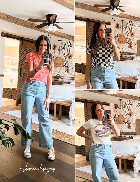 Target shirts are 30% off right now! These are kids shirts and so cute!! I’m normally small and wearing a kids L in the checkered, and M in the other two. 👏🏼 pants are from anthro and linked. If you’re between sizes then size down! They are very stretchy. 

#LTKover40 #LTKfamily #LTKxTarget