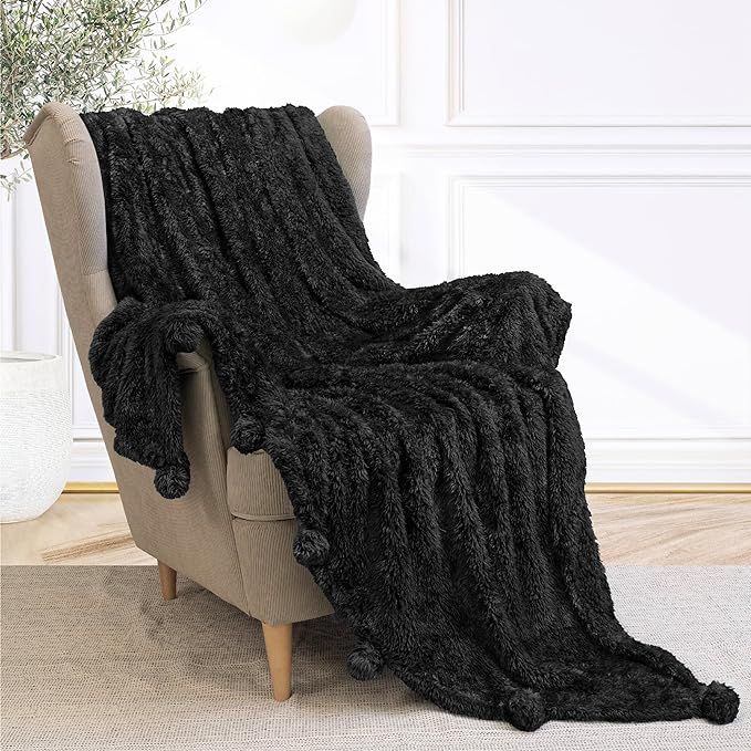 PAVILIA Black Sherpa Throw Blanket with Soft Pom Pom Fringe, Plush Cozy Warm Blankets for Couch B... | Amazon (US)