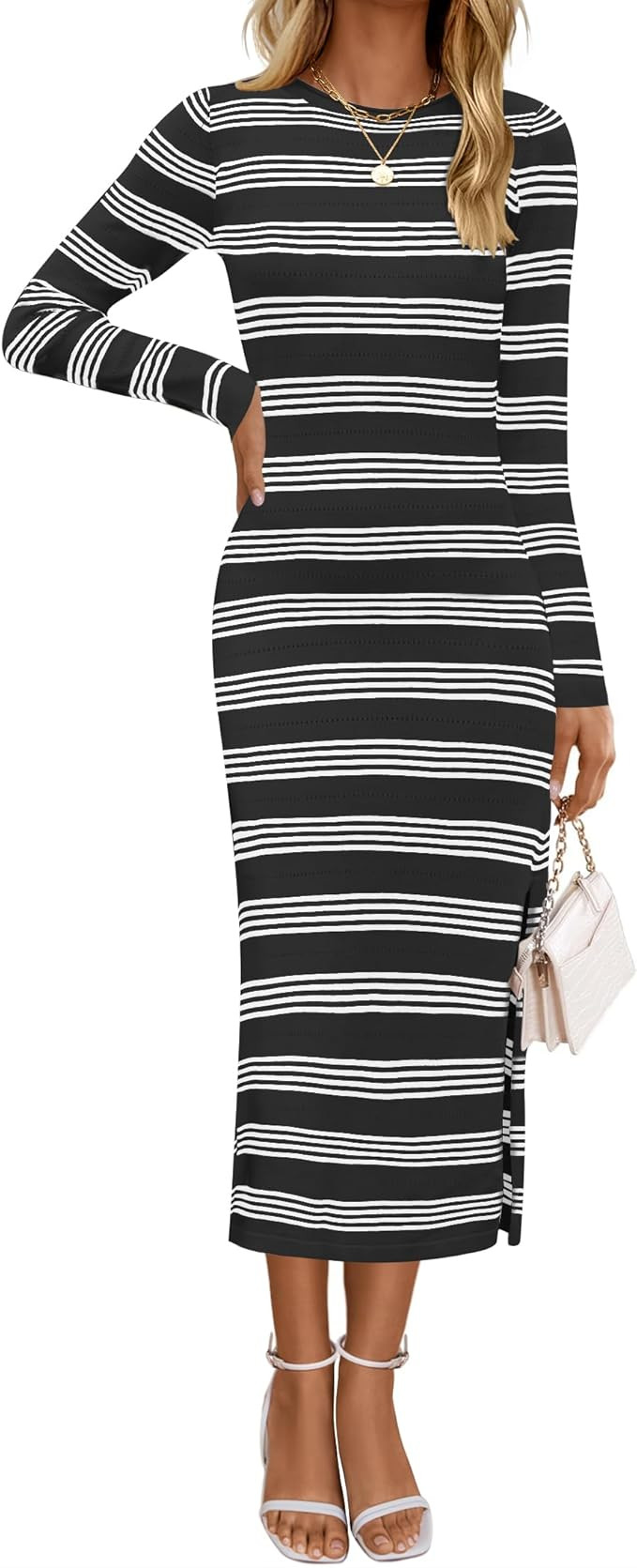 ZESICA Women's Fall Long Sleeve Striped Knit Midi Dresses Crewneck Side Slit Bodycon Sweater Dres... | Amazon (US)