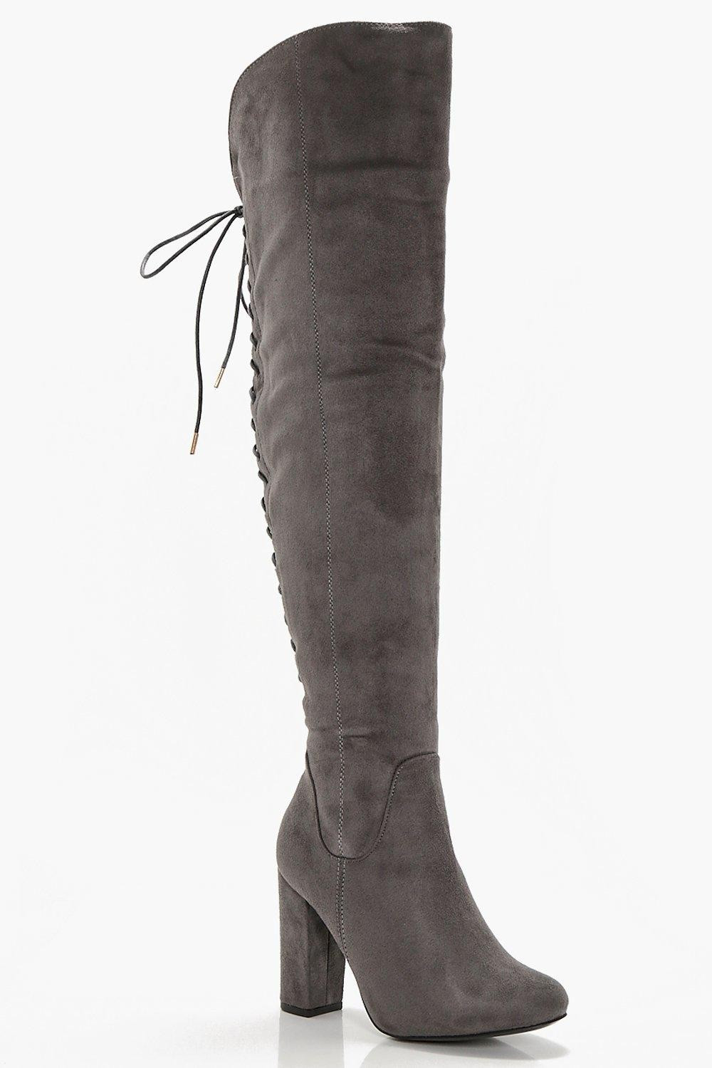 Womens Lace Back Block Heel Over The Knee High Boots - Grey - 3 | Boohoo.com (US & CA)