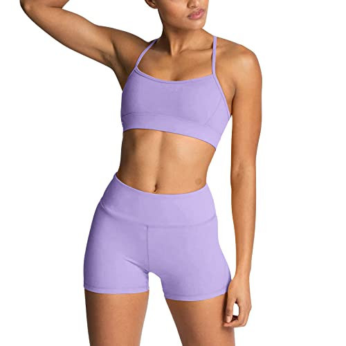 Workout Sets for Women 2 Piece Yoga Outfit: Tracksuits High Waisted Running Biker Shorts with Adjustable Strap Sport Bra Exercise Clothes Athletic Gym Sets Matching Active Wear # Light Purple Small | Amazon (US)