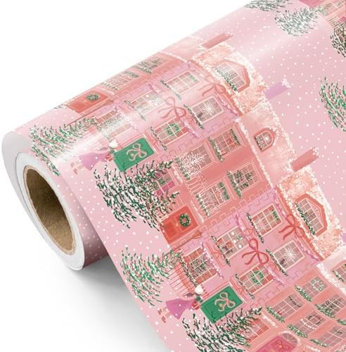 WRAPAHOLIC Pink Christmas Wrapping Paper - Mini Roll - 17 Inch x 16.5 Feet - Pink Winter City Sce... | Amazon (US)