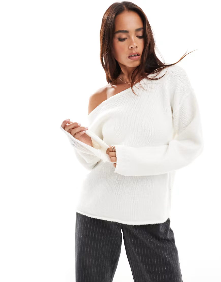 Miss Selfridge asymmetric off the shoulder slouchy cozy knit sweater in cream-White | ASOS (Global)