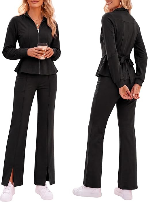 Women's 2 Piece Set, Peplum Zip Jacket with Wide Leg Pants Casual Outfit | Amazon (US)