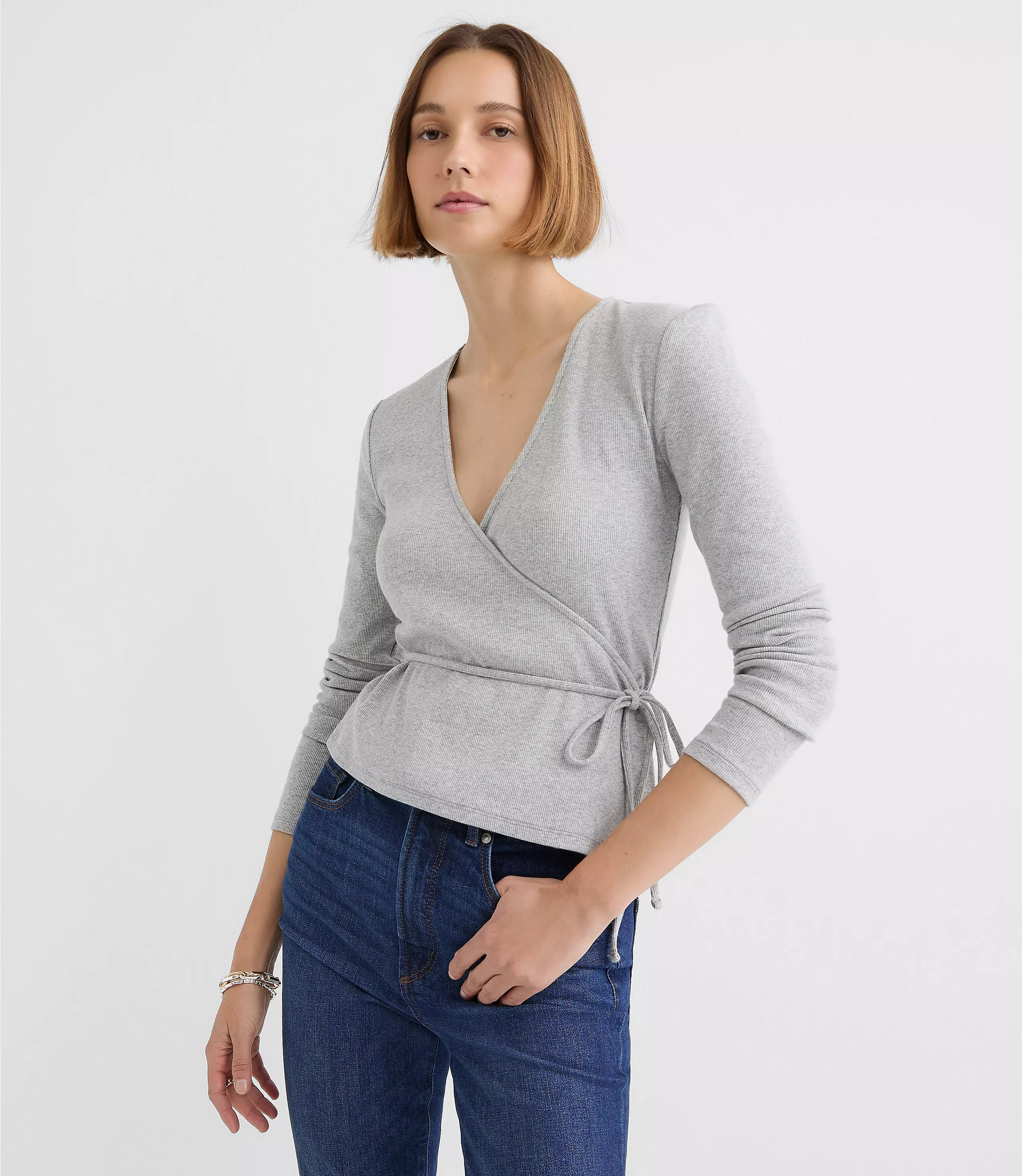 Heathered Ribbed Wrap Top | LOFT