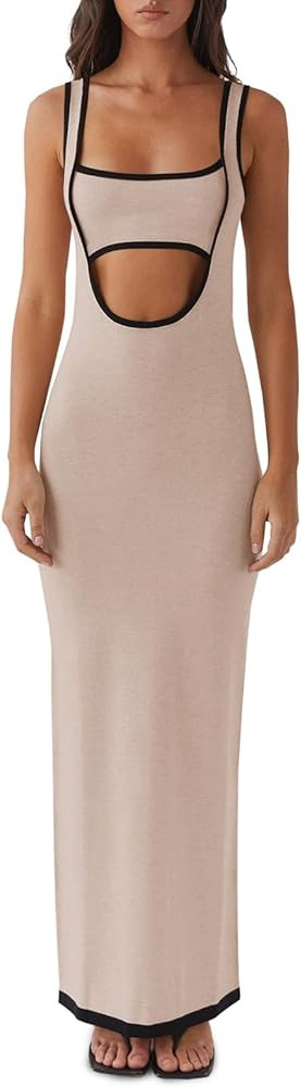 Fisoew Women's Sexy Cut Out Maxi Dress Backless Contrast Color Sleeveless Party Cocktail Bodycon ... | Amazon (US)