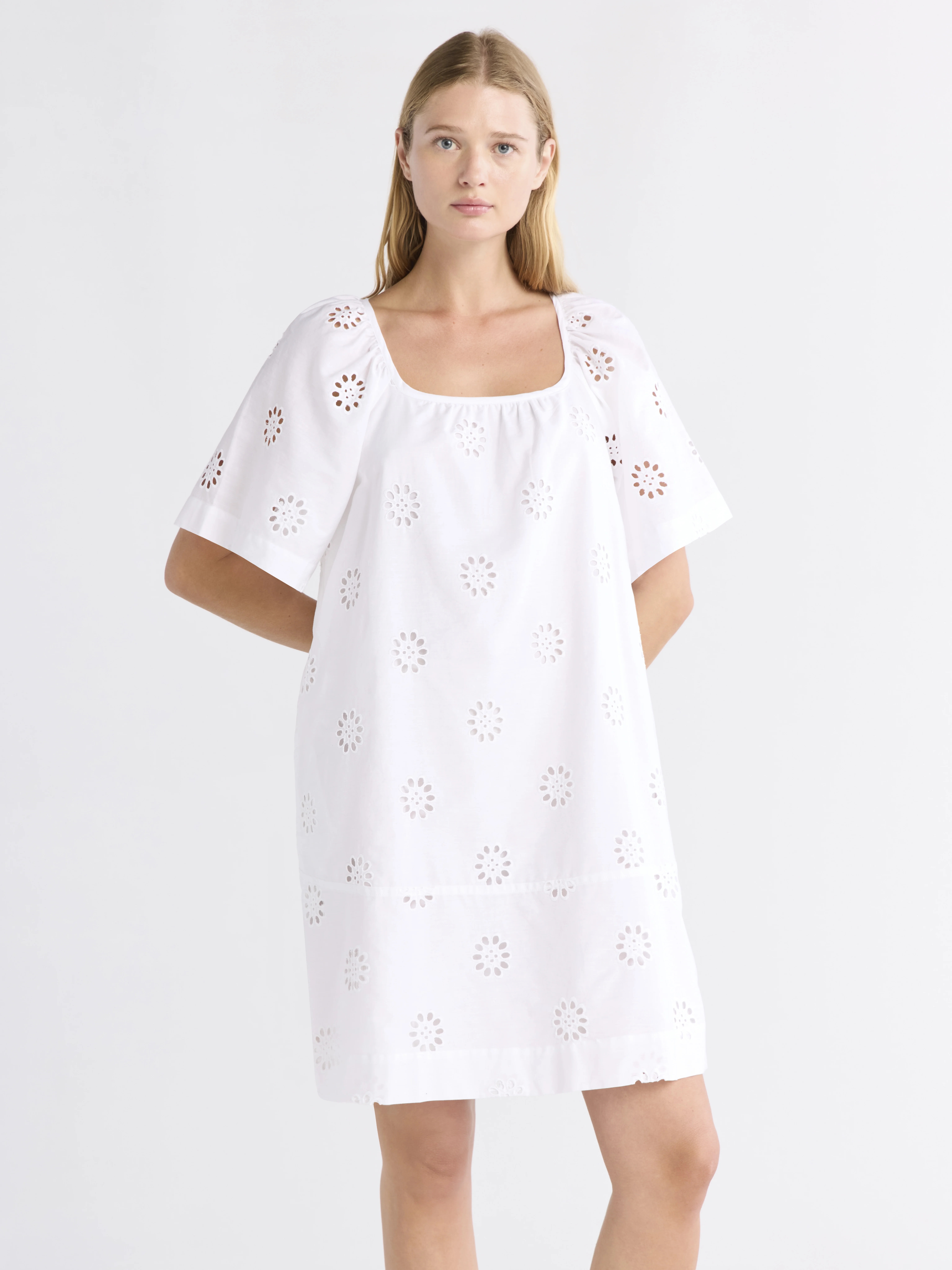 Free Assembly Women's Square Neck Eyelet Mini Dress with Short Sleeves, Sizes XS-XXL | Walmart (US)