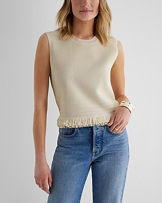 Ribbed Crew Neck Fringe Sweater Tank | Express
