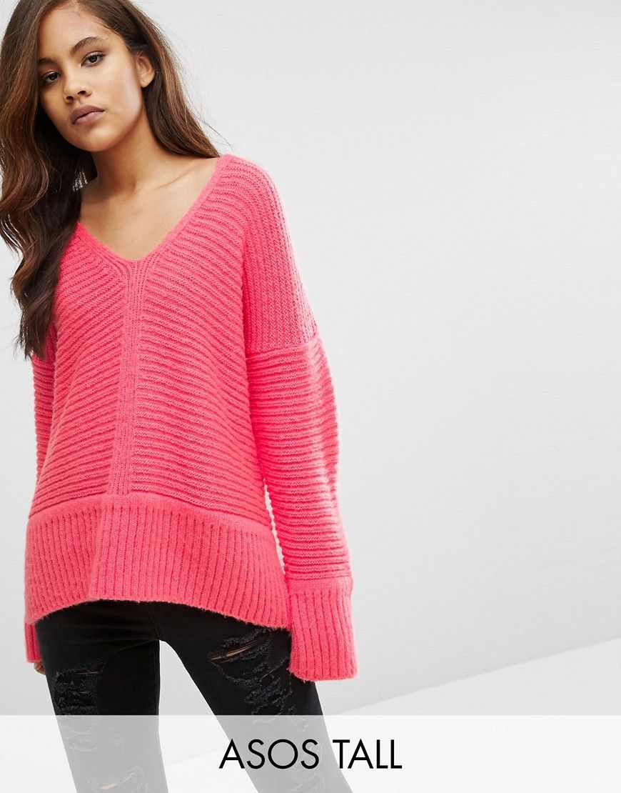 ASOS TALL Chunky Sweater In Fluffy Yarn With V Neck - Pink | ASOS US
