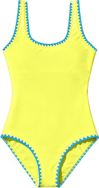Girls One Piece Swimsuits Color Block Contrast Trim Adjustable Straps Bathing Suit Swimwear 9-16Y | Amazon (US)