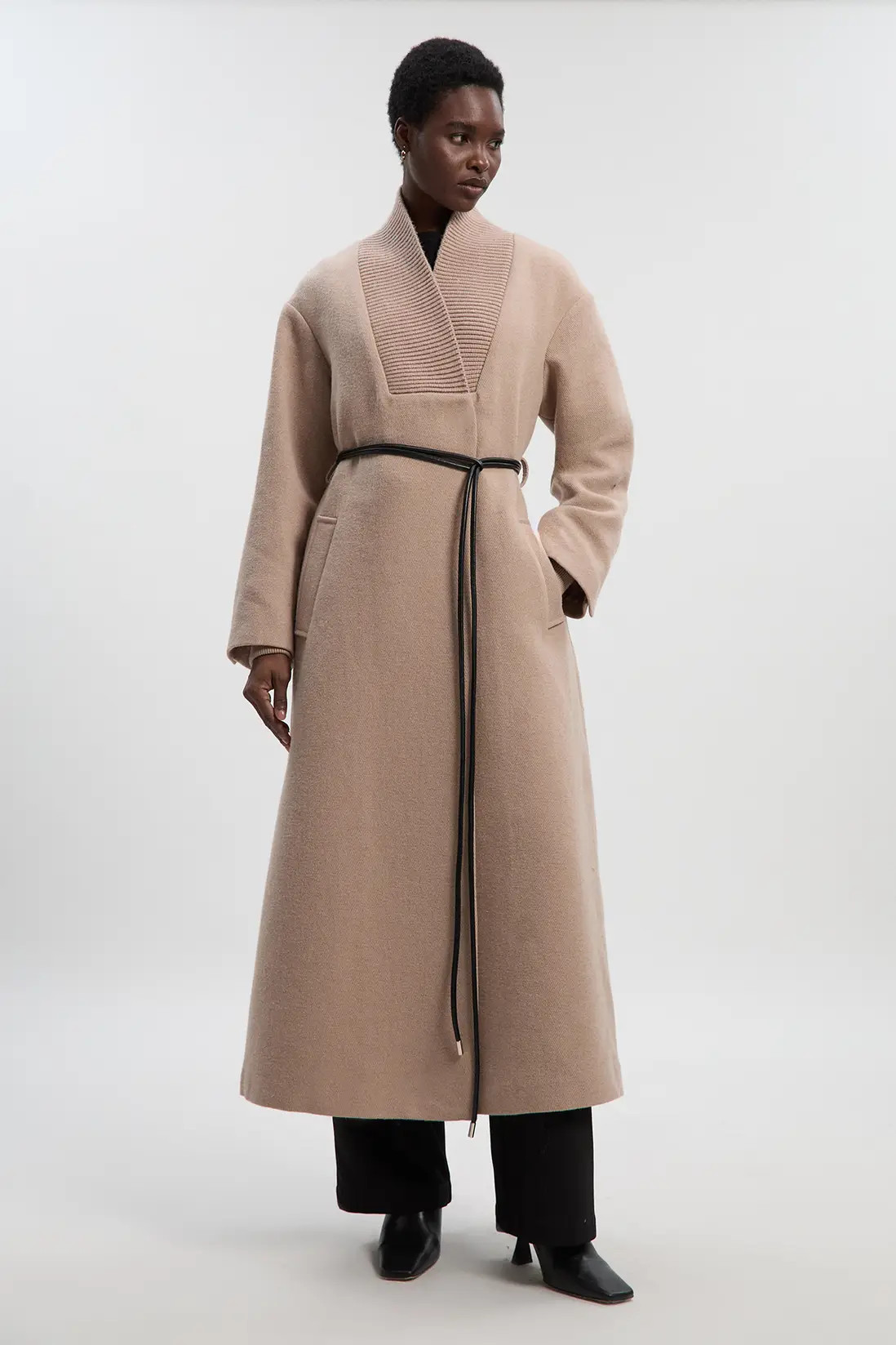 Jackets & Coats | Wool Knitted Wrap Neck Belted Tailored Midi Coat | KarenMillen | Debenhams UK