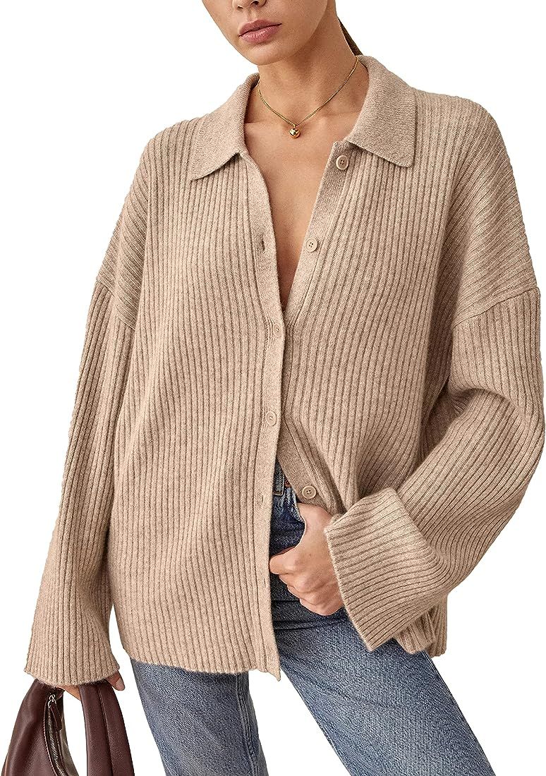 Women's Long Sleeve Collared Cardigan Sweaters Button Down Open Front Cardigan Cashmere Sweater O... | Amazon (US)