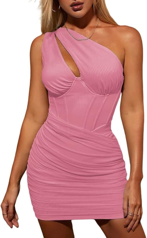 KUTUMAI Women's Sexy One Shoulder Cutout Bodycon Corset Dress Ruched Mesh Party Club Mini Dresses | Amazon (US)