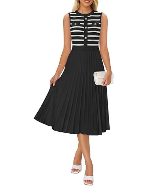 ZESICA Women's Casual Striped Midi Dress Crewneck Short Sleeve Button Ribbed Knit Swing Pleated A... | Amazon (US)