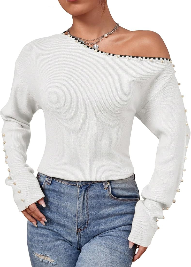 Milumia Women's Pearls Beaded One Shoulder Knit Top Long Sleeve Asymmetrical Pullover Sweater | Amazon (US)