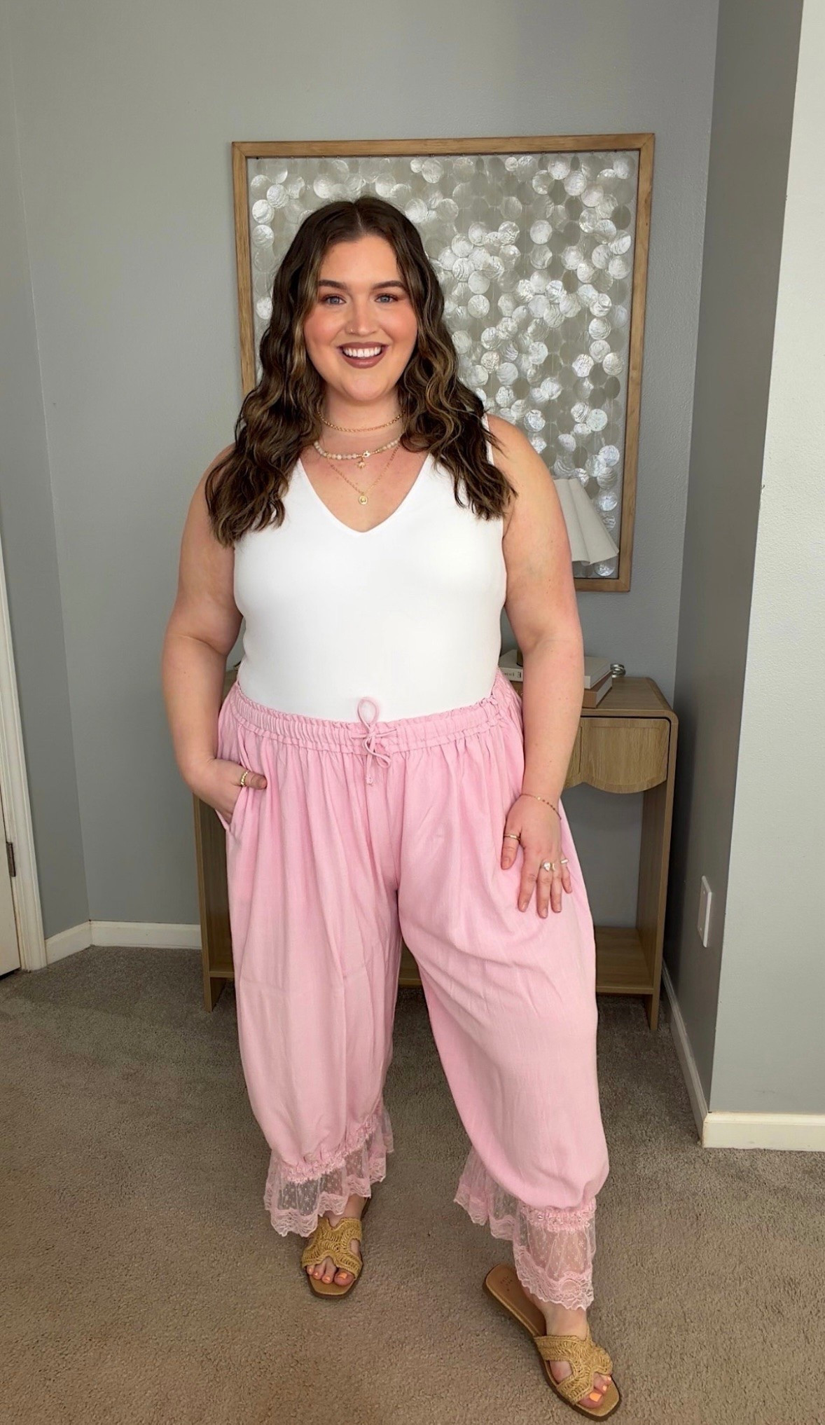 Calling all my baddies with bellies… do NOT overlook the cutesy lace trim boho pants. These pants are absolutely adorable and the bottom hem actually draws attention from my midsection and is so flattering. I was anxious to try this trend, but I’m so glad I did. I absolutely love the way these look on me and feel so confident in this look. 
Lace hem wide leg pants, casual spring outfit inspo

#LTKSeasonal #LTKPlusSize