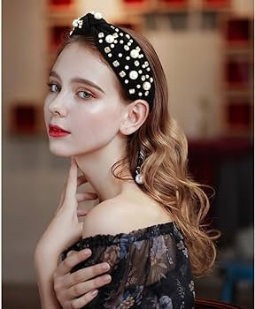 Black Wide Top Knot Headband with Pearl Rhinestone for Women's Hair Embellished Headbands Non Sli... | Amazon (US)