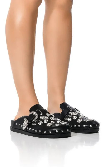 AZALEA WANG DESERT FLOWER STUDDED WESTERN FLAT CLOG IN BLACK | AKIRA