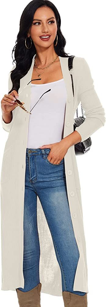 Moss Rose Women's Button Down Long Cardigan Sweater Long Sleeves V-Neck Tea Length Knit Dress | Amazon (US)