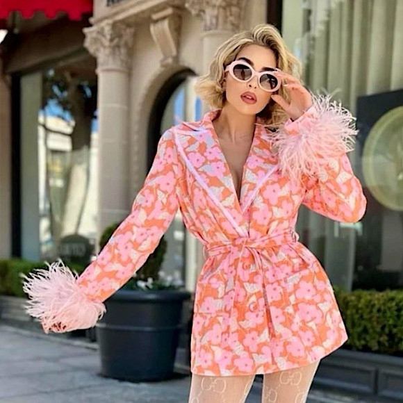 NWT Andreeva Floral Jacquard Blazer w detachable Feather Cuffs S Oversized | Poshmark