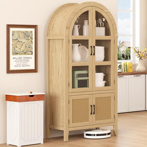 Function Home 71" Arched Kitchen Pantry Cabinet, Farmhouse Storage Cabinets with Glass Door, Tall Wood Bookshelf with Rattan Door, Modern Cupboard for Kitchen Dining Room Living Room, Natural | Amazon (US)