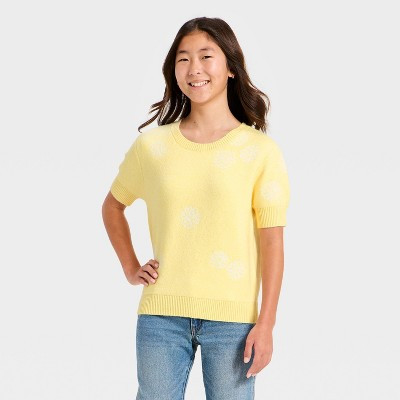 Girls' Flower Graphic Short Sleeve Sweater - art class™ Yellow XL | Target